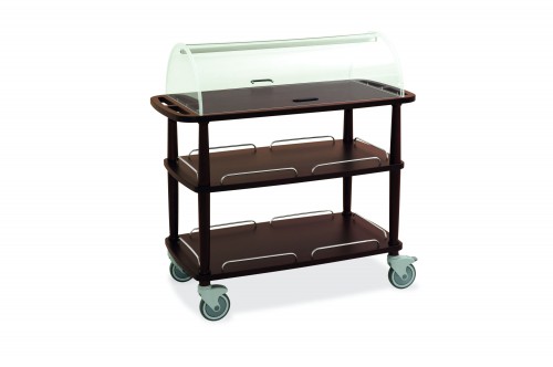 Wood trolleys - walnut finish - 3 shelves - acrylic dome